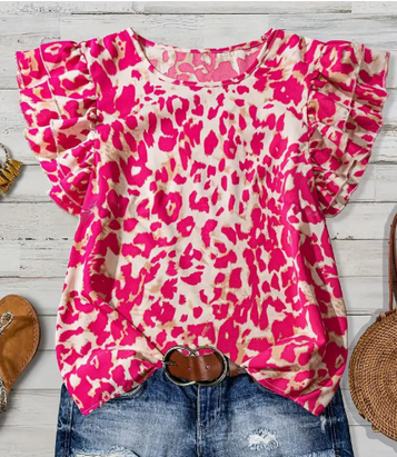 Rosa Clothing® Ladies' Short Ruffle Sleeve Pink/Khaki Leopard Print Blouse