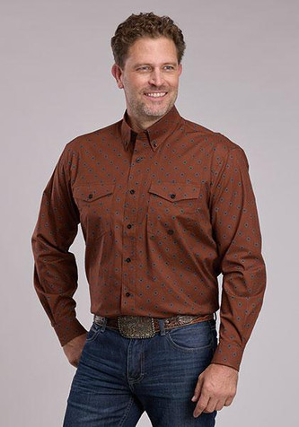 Roper® Men's L/S Rust/Blue Print Button Shirt