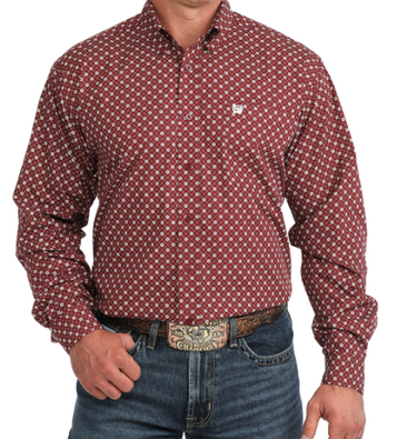 Cinch® Men's L/S Burgundy/White Geo Flower Print Classic Fit Button Shirt