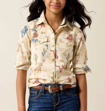 Ariat® Girls' L/S Cream Desert Run Toile Snap Shirt