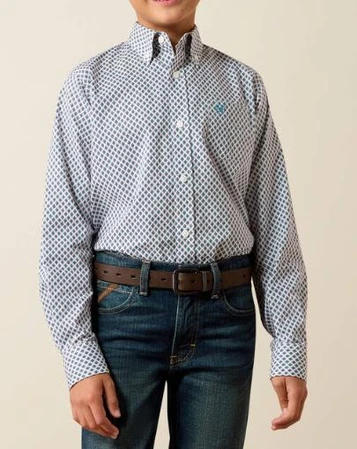 Ariat® Boys' L/S White/Blue Geo Print Perez Classic Fit Button Shirt