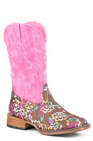 Roper® Girls' Brown/Glitter Rose/Pink Square Toe Boots
