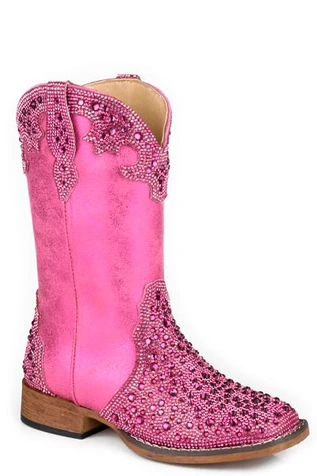 Roper® Girls' Fushia Rhinestone Starlit Square Toe Boots