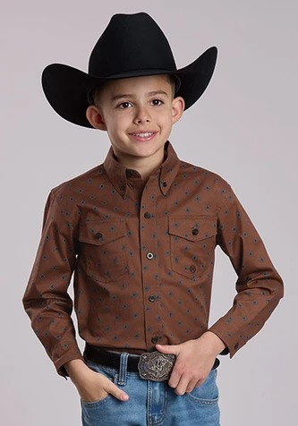 Roper® Boys' L/S Rust/Blue Print Button Shirt