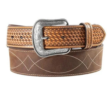3D Belt Co® Men's Tan Basketweave/Chocolate Boot-Stitched Leather Tapered Belt