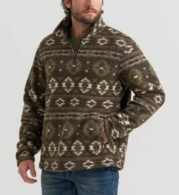 Wrangler® Men's L/S Black Olive Aztec 1/4 Zip Hay Away Sherpa Pullover