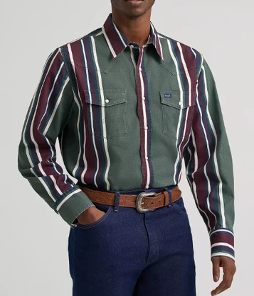 Wrangler® Men's L/S Field Olive Brushpopper Striped Snap Work Shirt