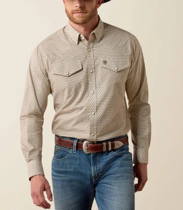Ariat® Men's L/S Tan/White Geo Print Pilar Classic Fit Snap Shirt