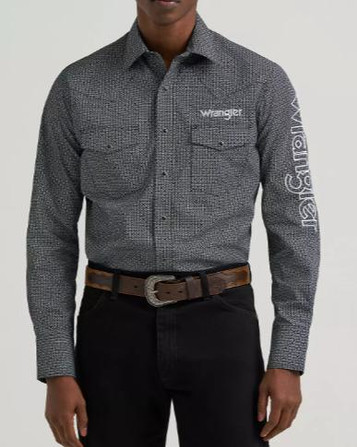 Wrangler® Men's L/S Black/White Geo Print Logo Snap Shirt