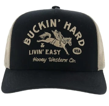 Hooey® Black/Tan Buckin' Hard Embroidered Trucker Cap