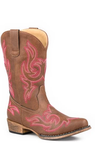 Roper® Little Kids' Brown/Pink Western Stitched Snip Toe Boots