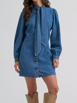 Wrangler® Ladies' L/S Denim Tie-Neck Snap Dress