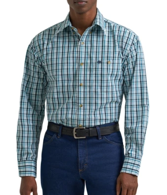 Wrangler® Men's L/S Teal/Black Plaid Classic Button Shirt