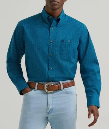 Wrangler® Men's L/S Teal Geo Print Relaxed Button Shirt