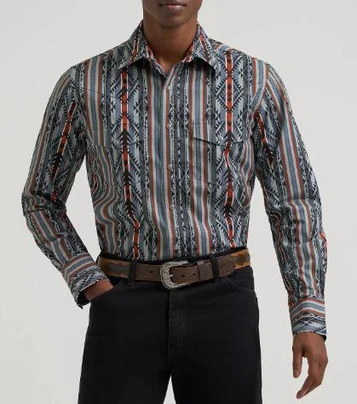 Wrangler Checotah® Men's L/S Ridge Blue/Grey Print Snap Shirt