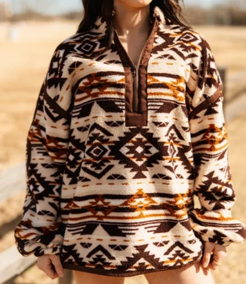Emma + Grace® Ladies' Brown Serpae Print Sherpa Pullover