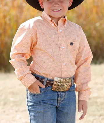 Cinch® Boy's L/S Gold/White Geo Print Button Shirt