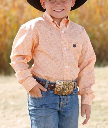 Cinch® Boy's L/S Gold/White Geo Print Button Shirt