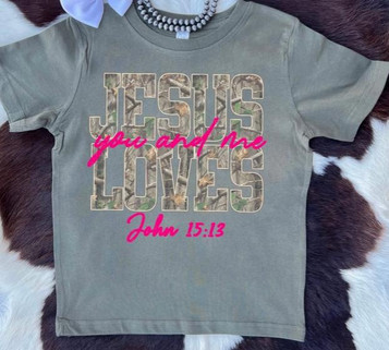 Buckin' Baby® Girls' S/S Olive/Camo Jesus Loves You and Me T-Shirt