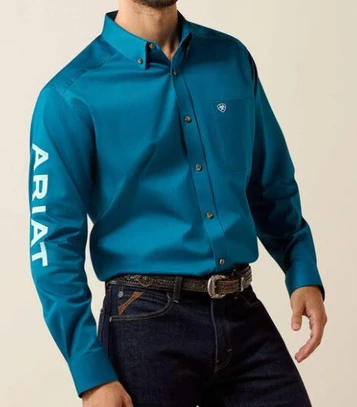 Ariat® Men's L/S Lyons Blue/Mint Twill Team Logo Classic Fit Button Shirt