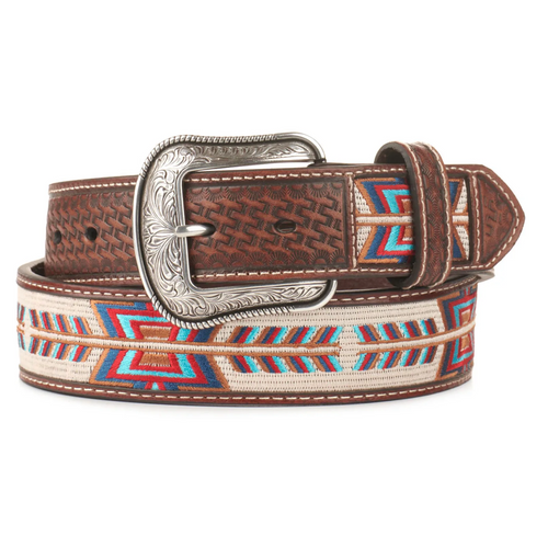 3D Belt Co® Men's Brown with Red Blue and Cinnamon Aztec Stitch Western ...