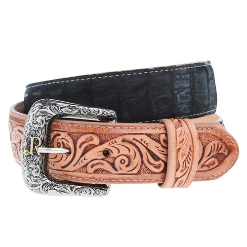 R. Watson® Men's Black Nubuck Sueded Caiman/Tooled Leather Billets