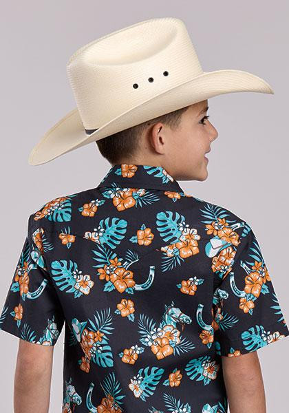Roper® Boys' S/S Black Hawaiian Print Snap Shirt