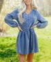 Dear-Lover® Ladies' Long Puff Sleeve V-Neck Denim Mini Dress