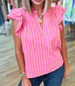 Dear-Lover® Ladies' Ruffle Sleeve Pink Stripe Split Neck Blouse
