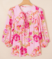 Dear-Lover® Half-Sleeve Pink Floral Print Tie Neck Puffy Blouse