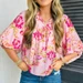 Dear-Lover® Half-Sleeve Pink Floral Print Tie Neck Puffy Blouse