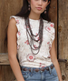 Cruel Denim® Ladies' Sleeveless/Ruffle Cream Print Tank