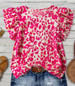 Rosa Clothing® Ladies' Short Ruffle Sleeve Pink/Khaki Leopard Print Blouse