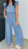 Dear-Lover® Ladies' Ruffled S/S Blue Denim Wide Leg Jumper