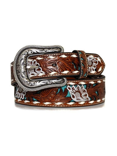 Thin Floral Tooled Leather Belt Brown by Colorado Leather Goods Feminine Western leather_belt_for_men_2050_2.  main image 2