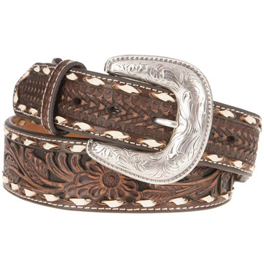Ariat Brown Leather Embroidered Belt with Silver Buckle EUC 19XX ARIAT Brown TOOLED Leather ~MAN main image 4