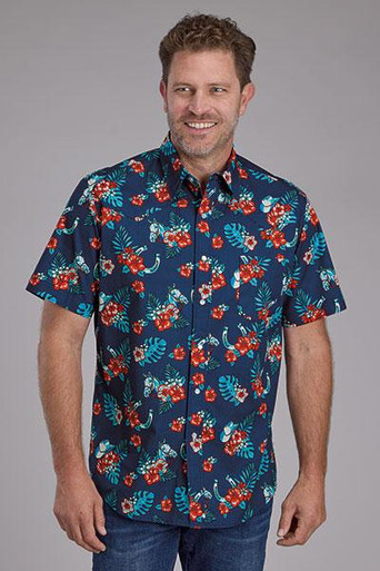 Roper® Men's S/S Blue Tropical Print Pearl Snap Shirt