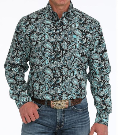 トップス MUZE TURQUOISE LABEL - PAISLEY LS SHIRT Cinch® Men's L/S Black/Turquoise Paisley Print Button Shirt