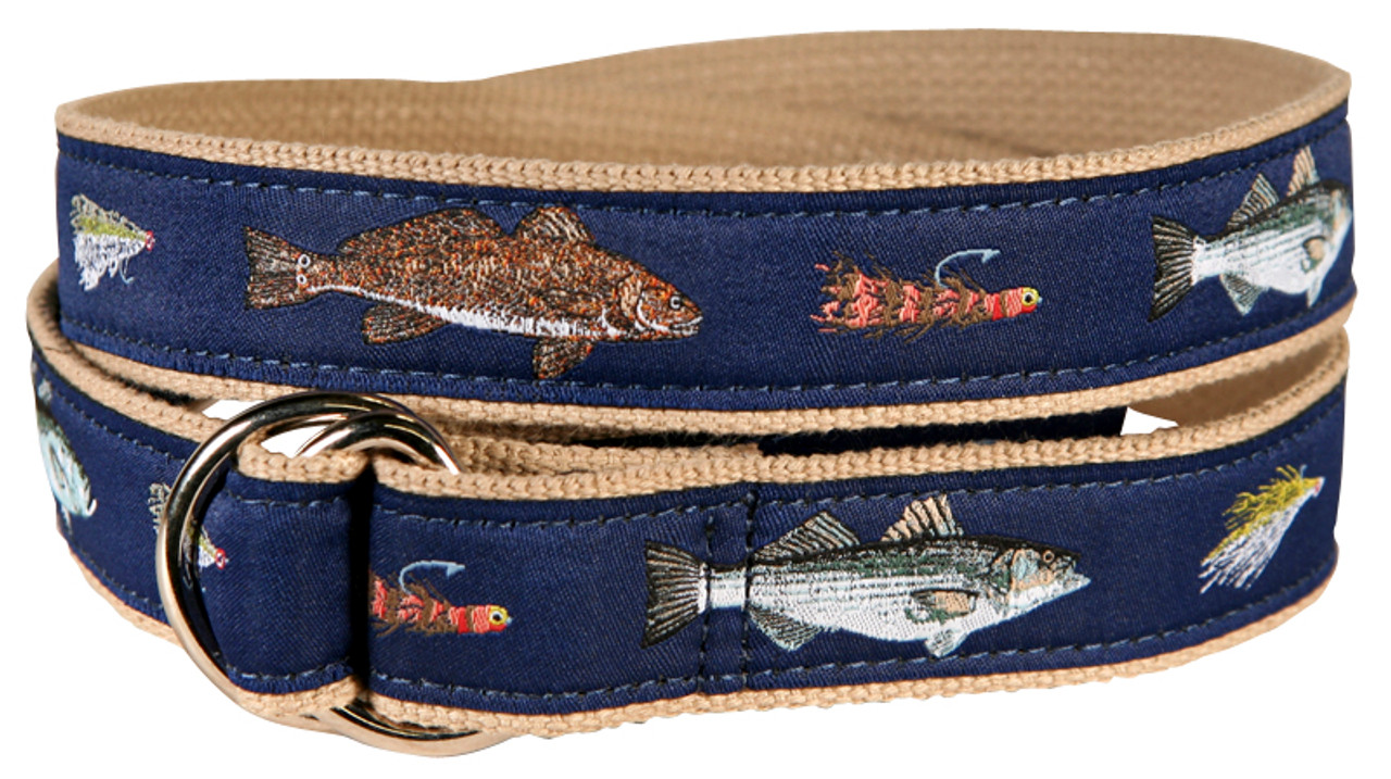 Saltwater Fish & Flies D-Ring Belt  Belted Cow Company. Made in Maine.