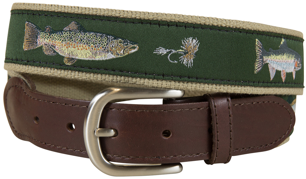 Freshwater Fish & Flies Leather Tab Belt by Belted Cow Company. Made in  Maine.