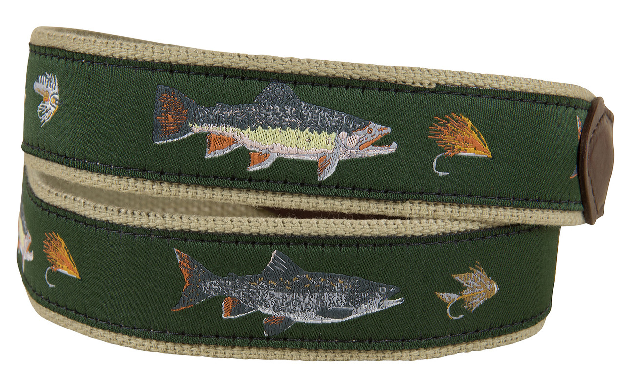 Freshwater Fish & Flies Leather Tab Belt by Belted Cow Company. Made in  Maine.