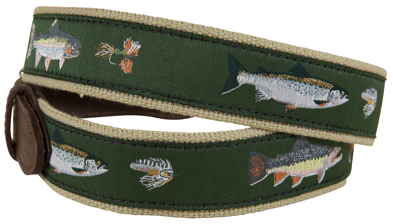 Freshwater Fish & Flies Leather Tab Belt by Belted Cow Company