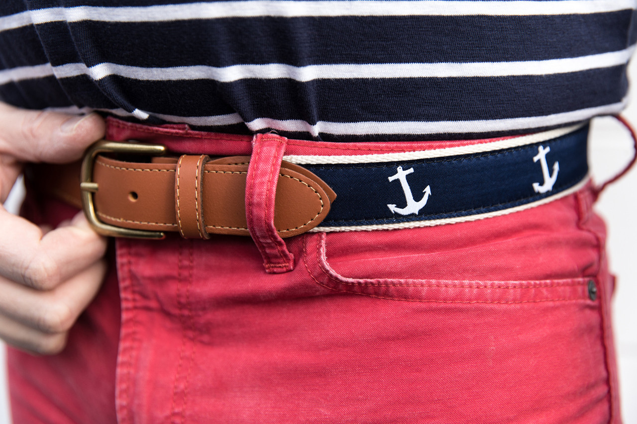 Classic Anchor Leather Tab Belt  Navy by Belted Cow Company. Made in Maine.