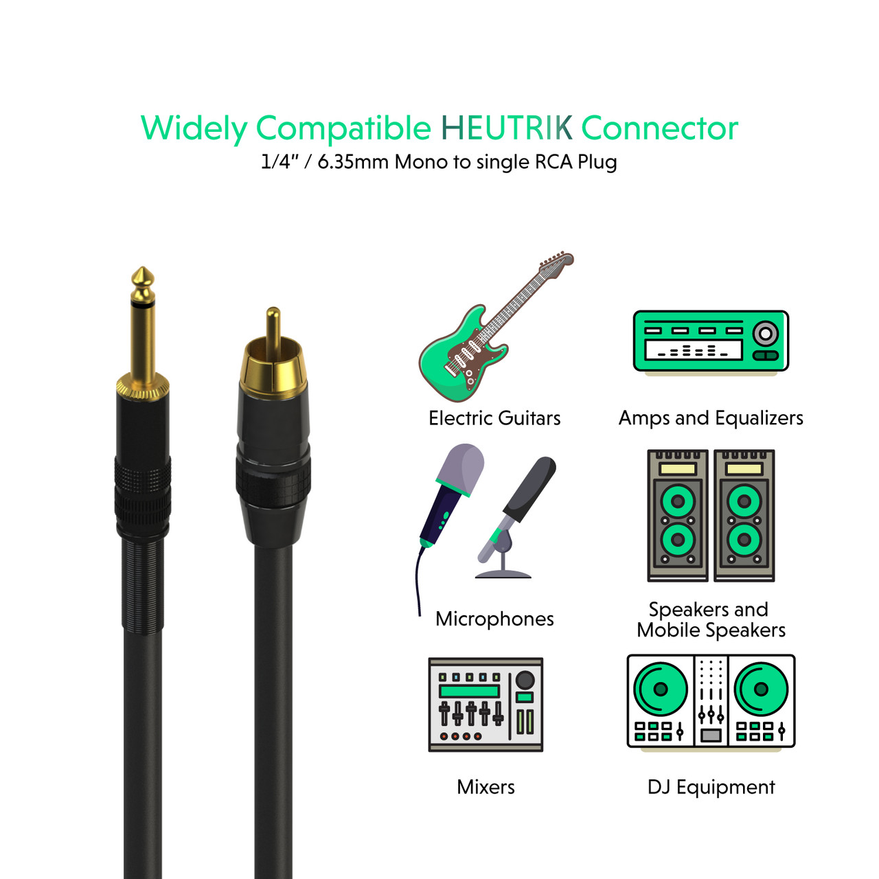 6.35mm MONO 1/4 Male Jack Plug to RCA Socket RIGHT ANGLE Audio