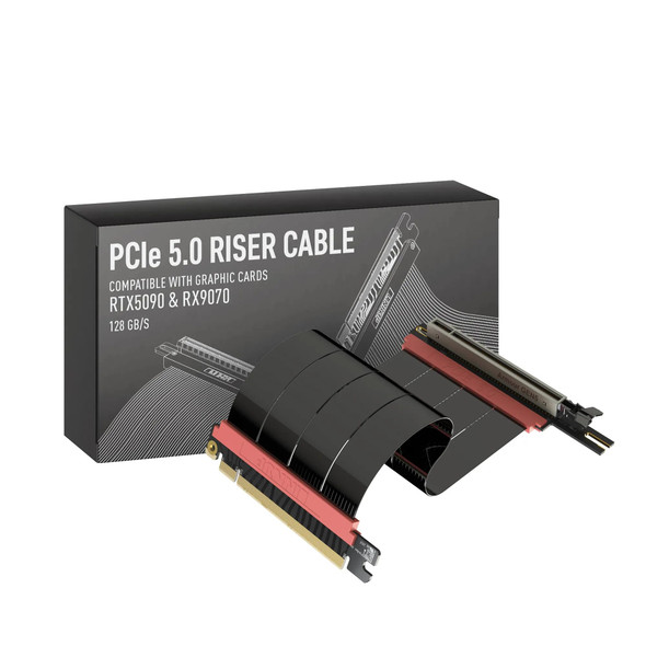 LINKUP - AVA5 PCIE 5.0 Riser Cable | RTX5090 RX9070 GPU Ready | x16 128GB/s Speed | Compatible with PCIe 4.0 & WRX80/WRX90E | Left Angle Ver.4, Black 20cm (Total Length 24cm)