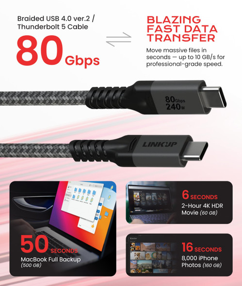 LINKUP USB4 v2 USB C to USB C Cable | Thunderbolt 5/4/3 Compatible | Type C Charger for MacBook and iPhone | 240W Fast Charging | 80Gbps Data Transfer | 16k/ 8k Display Cord | Use with all USB devices