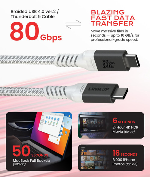 LINKUP USB4 v2 USB C to USB C Cable | Thunderbolt 5/4/3 Compatible | Type C Charger for MacBook and iPhone | 240W Fast Charging | 80Gbps Data Transfer | 16k/ 8k Display Cord | Use with all USB devices