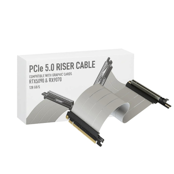 LINKUP - AVA5 PCIE 5.0 Riser Cable | RTX5090 RX9070 GPU Ready | x16 128GB/s Speed | Compatible with PCIe 4.0 & WRX80/WRX90E | Left Angle Ver.4, White 25cm (Total Length 29cm)