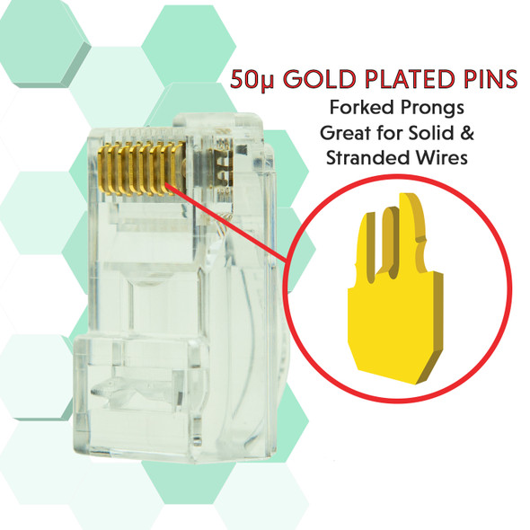 Connecteurs RJ45 EZ Pass Through Dorés - Lot De 50 - Pour Câbles Cat6, 24AWG - Compatible Avec La Plupart Des Pinces - 11