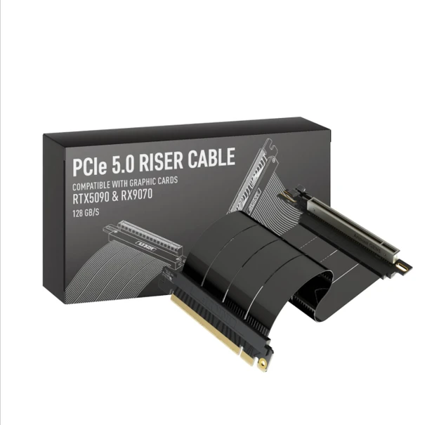 LINKUP - AVA5 PCIE 5.0 Riser Cable | RTX5090 RX9070 GPU Ready | x16 128GB/s Speed | Compatible with PCIe 4.0 & WRX80/WRX90E | Right Angle Ver.2, Black 25cm (Total Length 29cm)
